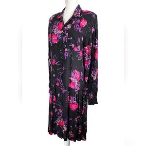Vtg 80s Shirt Dress Midi Floral Drop Waist Long Sleeve Medium